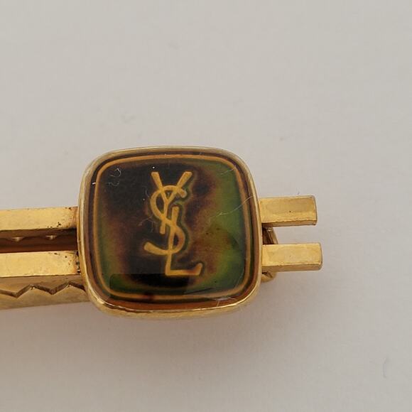 Yves Saint Laurent YSL Gold Tone Tie Clip Bar with Enamel Logo Accent Vintage - Picture 2 of 5